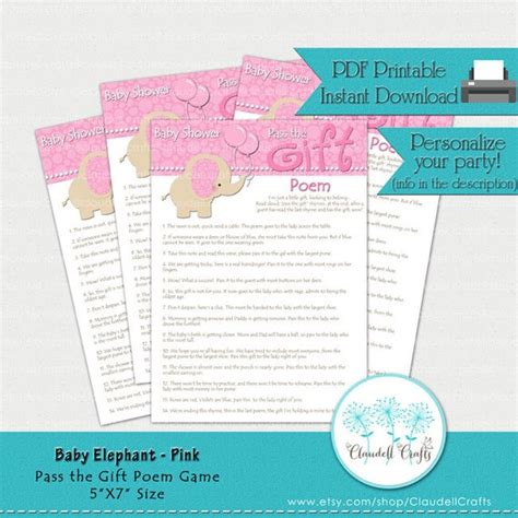Baby Elephant Soft Pink Pass The T Poem Baby Shower Game