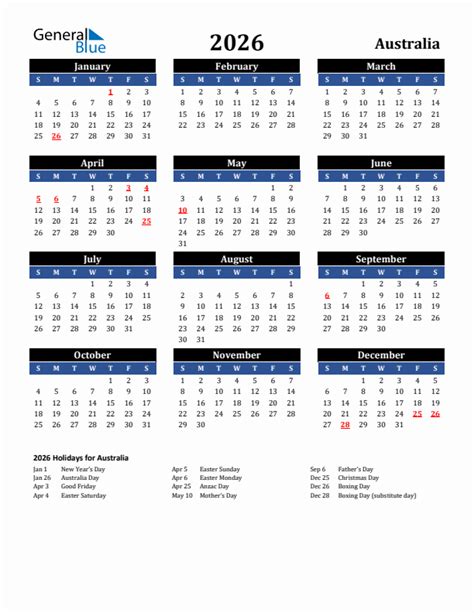 2026 Australia Calendar With Holidays