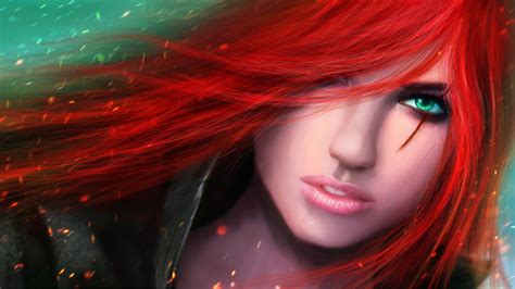 壁纸 面对 妇女 红头发 模型 幻想艺术 动漫 艺术品 卡塔琳娜联盟的传说 女孩 美丽 眼 电脑壁纸 棕色的头发