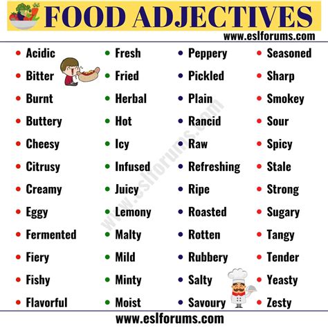 FOOD Adjectives: 48 Useful Adjectives to Describe FOOD - ESL Forums | English adjectives ...