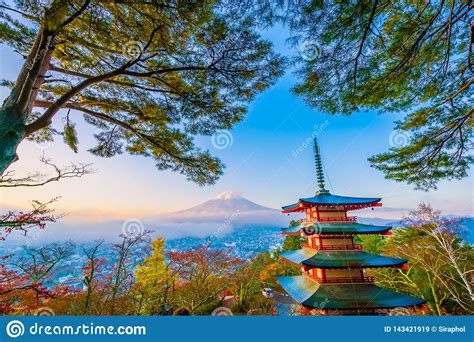 Beautiful Landscape Of Mountain Fuji With Chureito Pagoda Around Maple