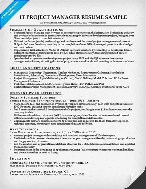 Project Manager Resume Sample And Writing Tips Resume Companion