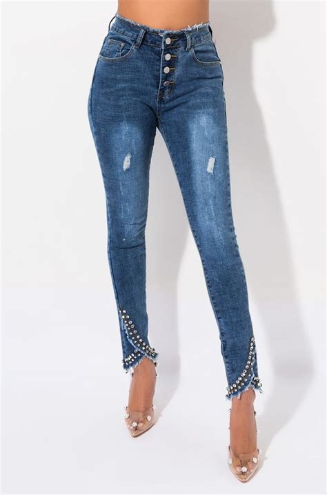 Keeping Me Rhinestone Denim High Rise Skinny In Color Blue In 2020