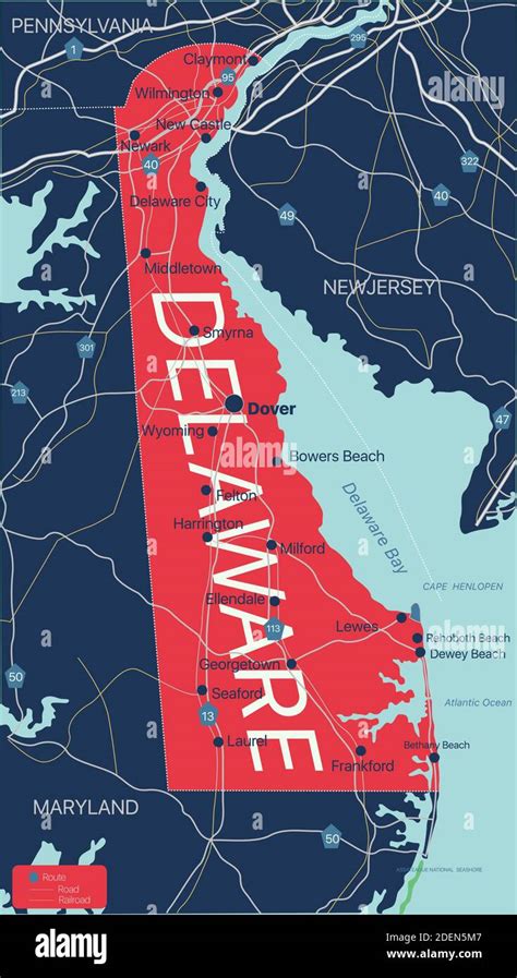 Delaware State Detailed Editable Map With With Cities And Towns