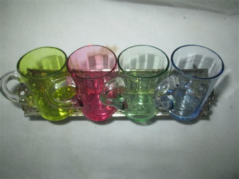 Vintage Colored Glass Shot Glasses With Clear Handles Mug Style Blue Green Red Yellow Carol S