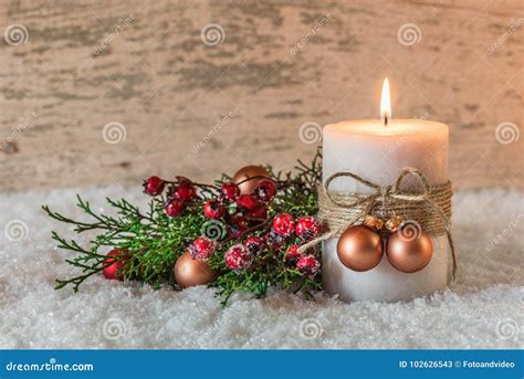 Christmas Or Advent Decoration With Candle And Snow Stock Image Image