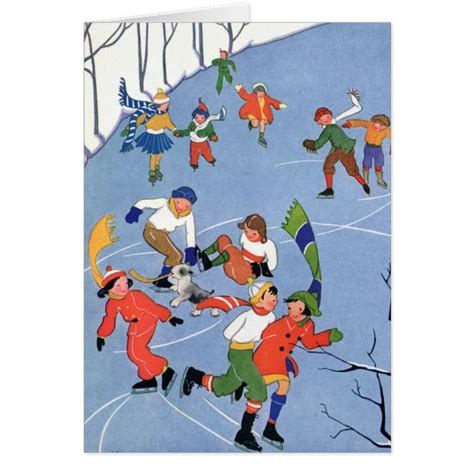 Vintage Christmas Children Ice Skating On A Lake Holiday Card Zazzle