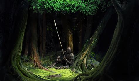 Fantasy art green knight art character design character art artist inspiration art prints knight knight art. artwork, Fantasy Art, Trees, Forest, Knight, Armor, Spear ...