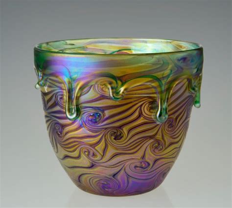 Bohemian Hand Blown Glass Bowl Art Nouveau Iridescent Art Glass Loetz Style Vase Pottery