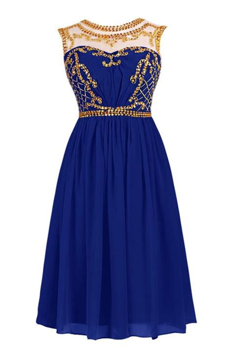 royal blue short homecoming dress with illusion neckline and gold sequin embellishment on luulla