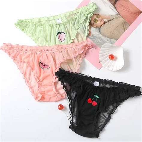 Sexy Womens Panties Low Waist Panties Fruits Embroidery See Through Briefs Lace Underpants