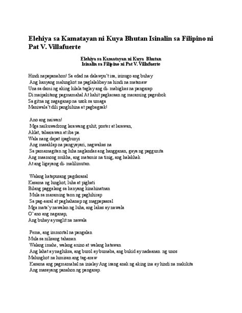 Doc Elehiya Sa Kamatayan Ni Kuya Bhutan Isinalin Sa Filipino Ni Pat V
