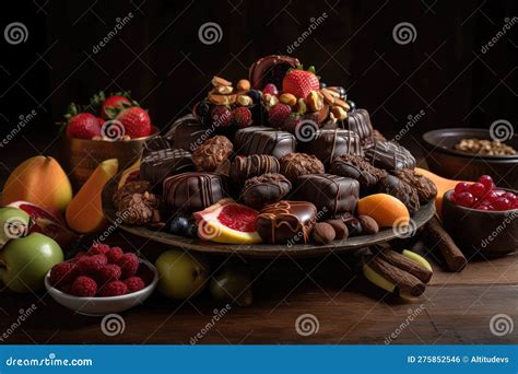 Selection Of Fruits And Nuts Dipped In Chocolate Piled High On Platter