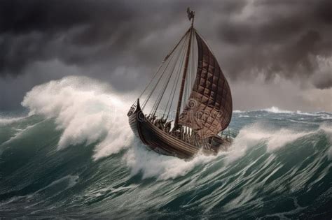 Viking Ship Sailing Through Stormy Waters With Waves Crashing Against