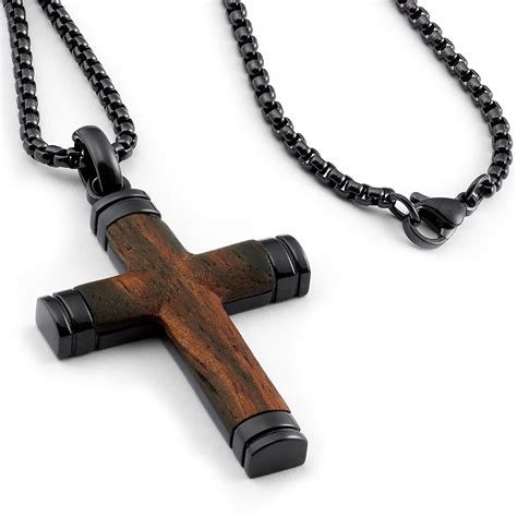 Real Santos Wood Cross Necklace Pendant Black 24 Stainless Steel Chain