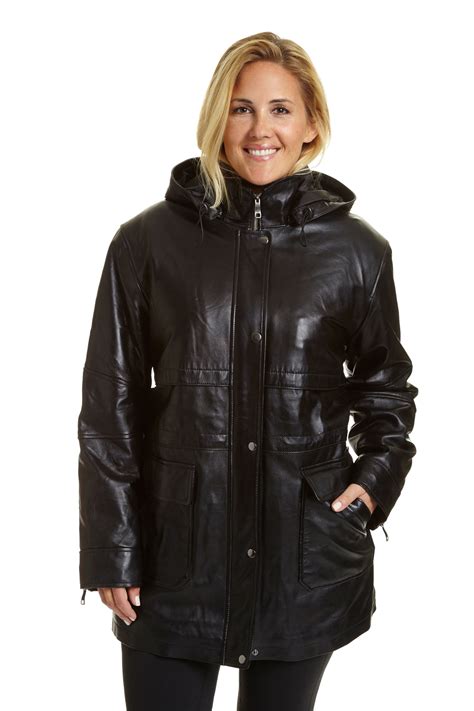 Excelled Womens Plus Size Lambskin Leather Hooded Parka
