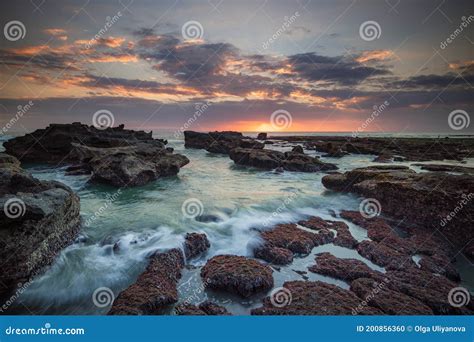 Beautiful Seascape Long Exposure Rocky Beach During Low Tide