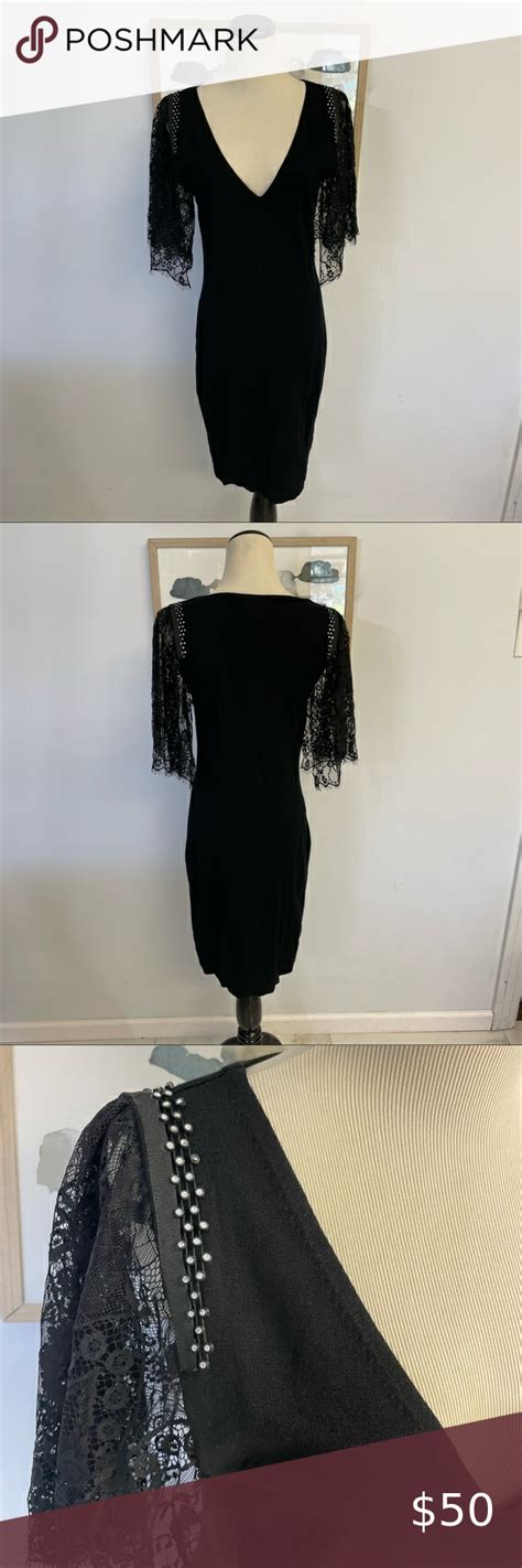 Yoana Baraschi Black Knit Dress With Lace Sleeves And Rhinestone