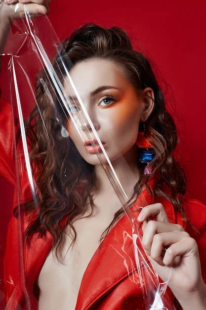 Premium Photo Beautiful Makeup Of Sexy Nude Woman In Red Jacket On Red