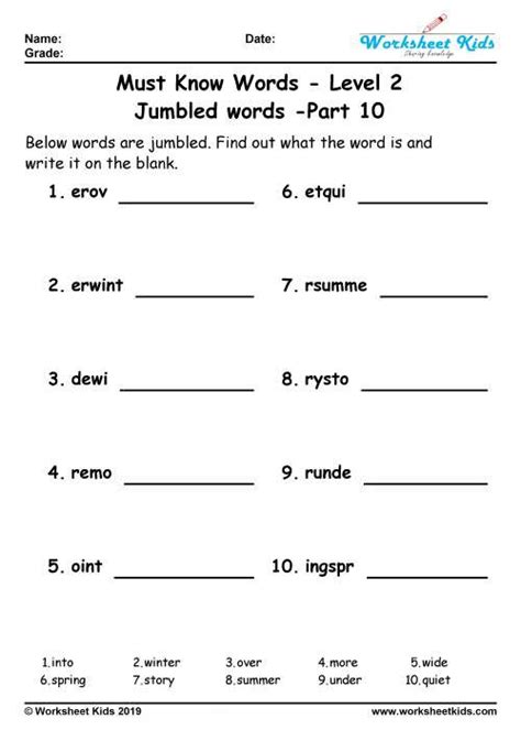 The web page generated will remain on this server for about two months. Unscramble jumbled words puzzle for Grade 2 Worksheets ...