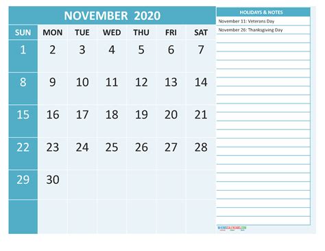 Free Printable November 2020 Calendar With Holidays