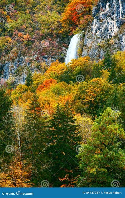 Periodic Incredible Waterfall In The Autumn Mountains Stock Image