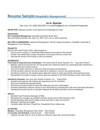Hospitality Management Resume Templates In Pdf Doc