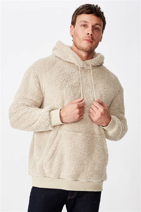 Drop Shoulder Teddy Fleece Hood Beige Cotton On Hoodies And Sweats