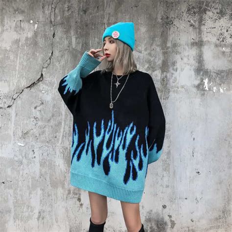 Blue Flames Embroidery Loose Sweater Goth Aesthetic Shop