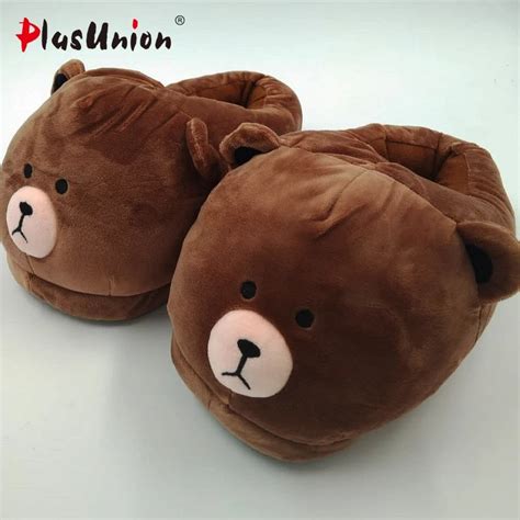 Cute Bare Bear Slippers For Adult Warm Flock Flat Furry Winter Indoor