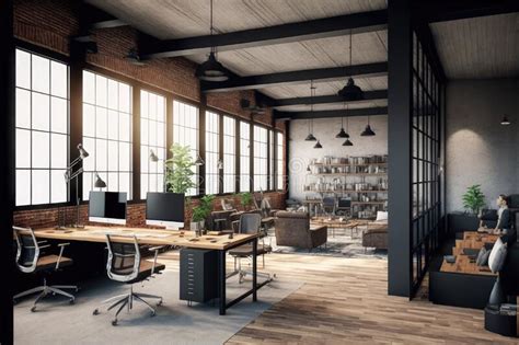 Luxury Workspace Office Decorated With Industrial Loft Modern Interior