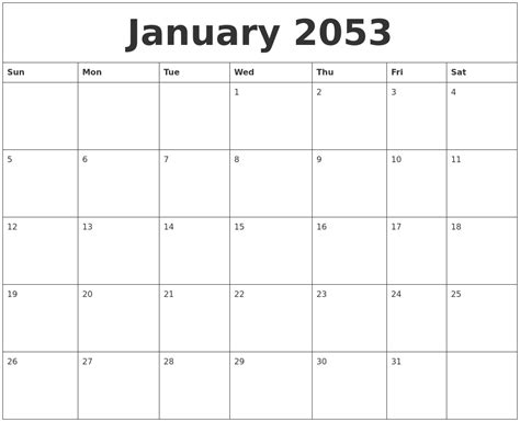 January 2053 Calendar Month