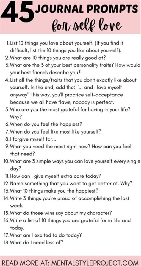 55 self love journal prompts to improve your self esteem mental style project