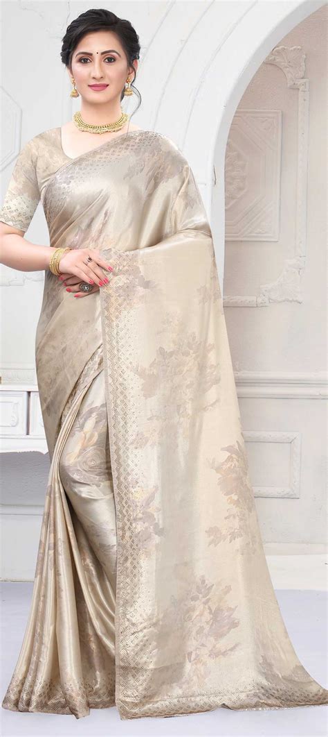 Traditional Silver Color Satin Silk Silk Fabric Saree 1695262