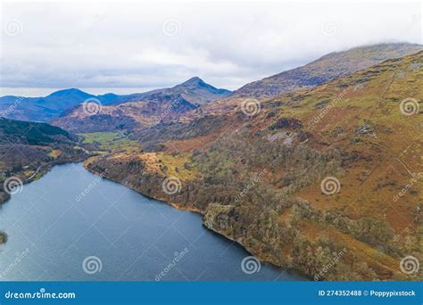 Amazing Landscape Of Snowdonia From The Sky Cloudy Day Blue Lake