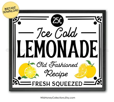 ice cold lemonade vintage style sign printable wall decor etsy