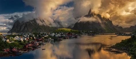 1900x823 Nature Landscape Norway Sunset Clouds Mountain Town Island