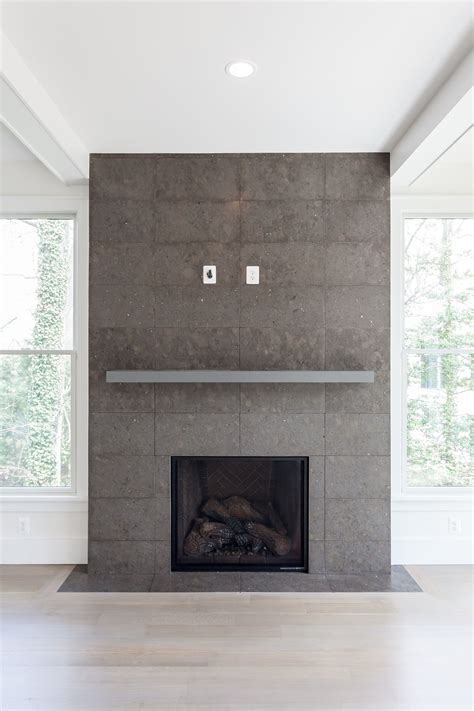 Cement Tiled Fireplace With Gray Mantel And Herringbone Firebox In