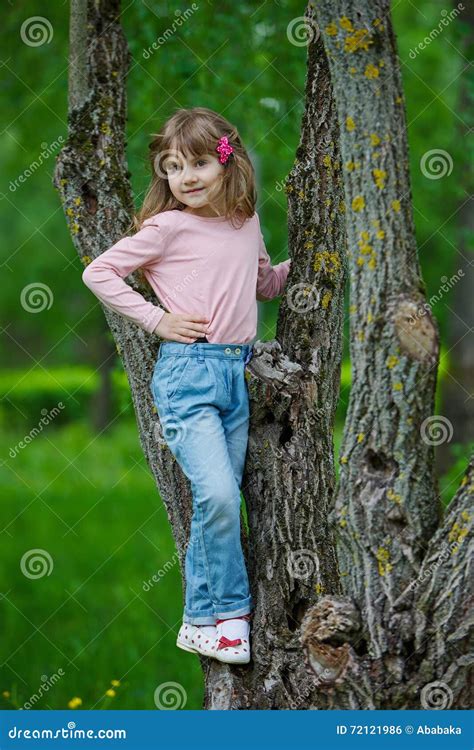 Happy Little Girl Climbing To The Tree Stock Photo Image Of Natural