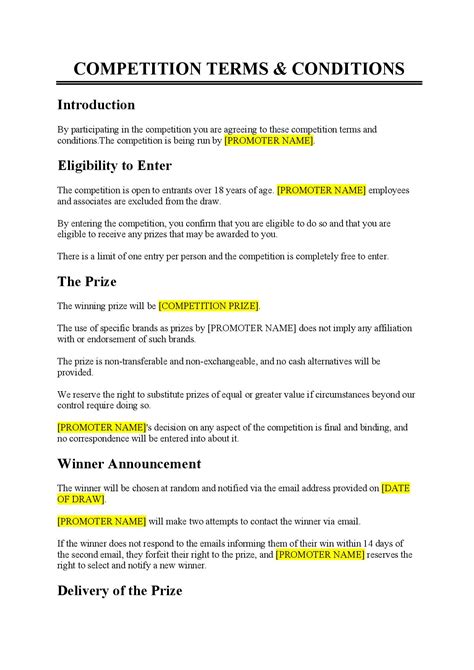 Competition Terms And Conditions Template Free Download Easy Legal Docs