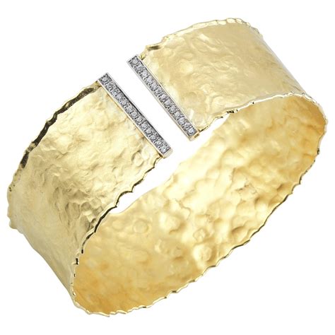 Hammered Yellow Gold Diamond Onyx Cuff Bracelet At 1stDibs