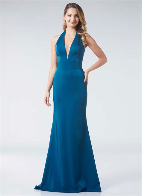 Plain Satin Column Dress With Plunging Halter Neck At Ball Gown Heaven