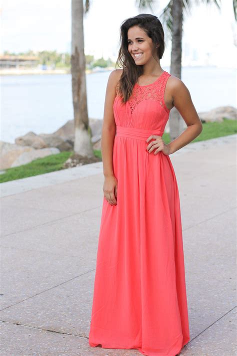 coral maxi dress with pleated lace top beautiful dresses saved by the dress