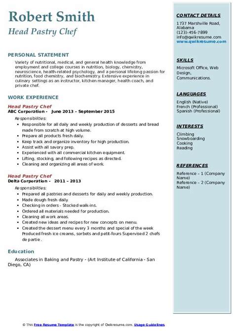 Head Pastry Chef Resume Samples Qwikresume