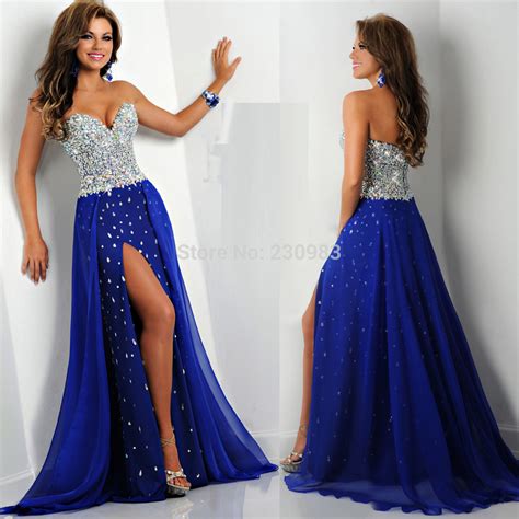 2016 Affordable Flowy Chiffon High Slit Royal Blue Beaded Prom Dresses