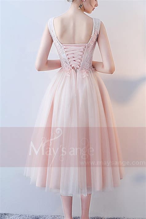 Tea Length Tulle Pink Prom Dress With Lace Bodice