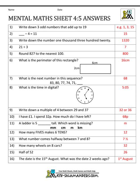 Savesave cambridge primary math stage 3 answer sheet for later. Mental Maths Test Year 4 Worksheets