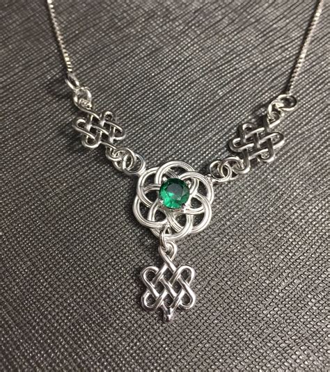 Celtic Knot Emerald Necklace In Sterling Silver Scottish Symbolic