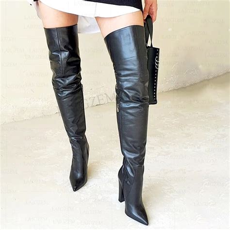 Berzimer Women Thigh High Boots Faux Leather Thick High Heels Over Knee Boots Side Zip Handmade