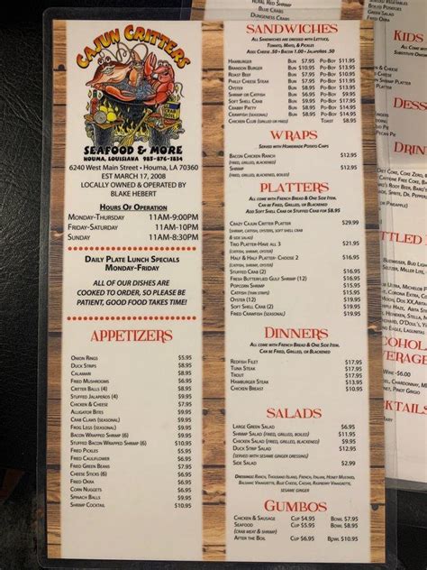 Menu At Cajun Critters Restaurant Houma